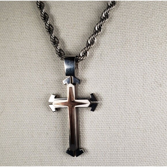 Vintage Stainless Steel 3D Cross Pendant Thick 23" Rope Necklace - Picture 7 of 16